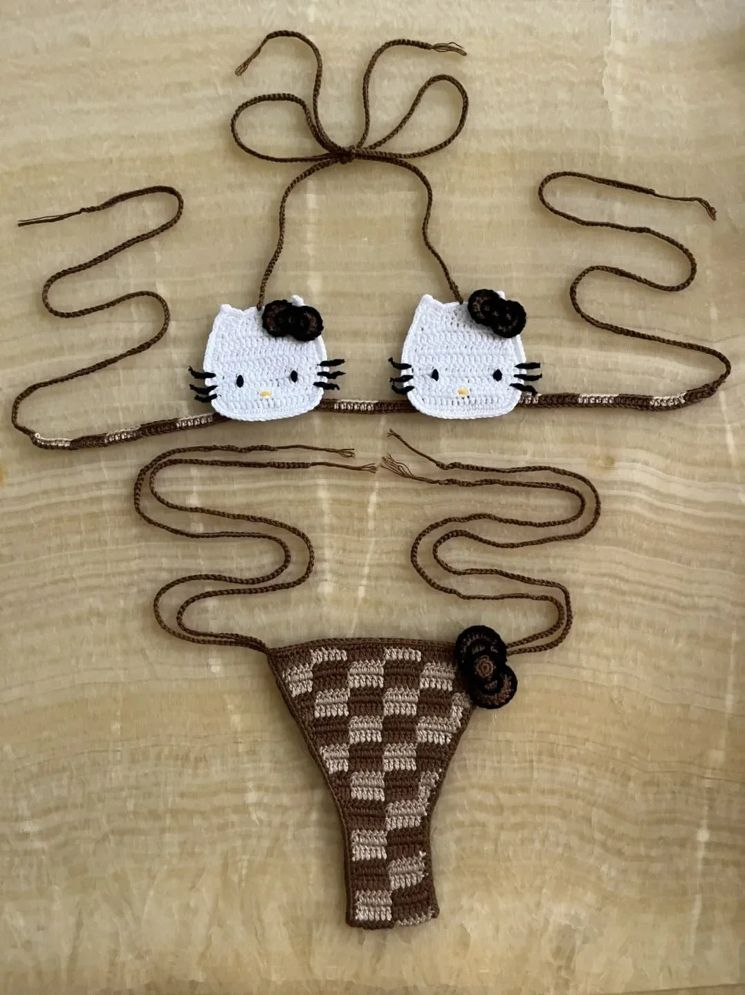 Sanrio Crochet Bikini Set Cute Girls Swimsuits Hello Kitty Sexy Bathing Suit Micro Ties Bikinis Beachwear Women Swimming Suit