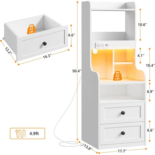 Tall Nightstand with Charging Station and LED Lights White Nightstand with 2 Drawers and Shelves Large LED Nightstand