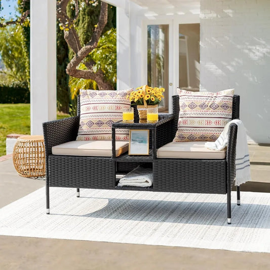 Outdoor Patio Loveseat Modern Rattan 2-Seat Patio Conversation Set with Cushions & Built-in Coffee Table