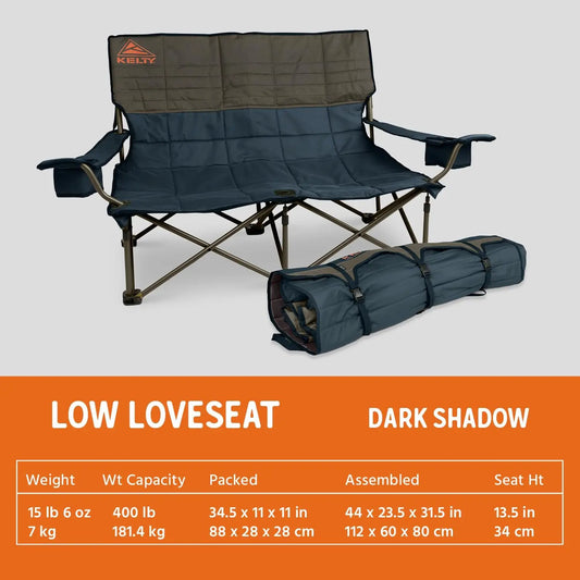 Low Loveseat Double 2 Person Camping Chair, Two Person Foldable Seat for Festivals, Concerts, Tailgates, Beach Days, Low S