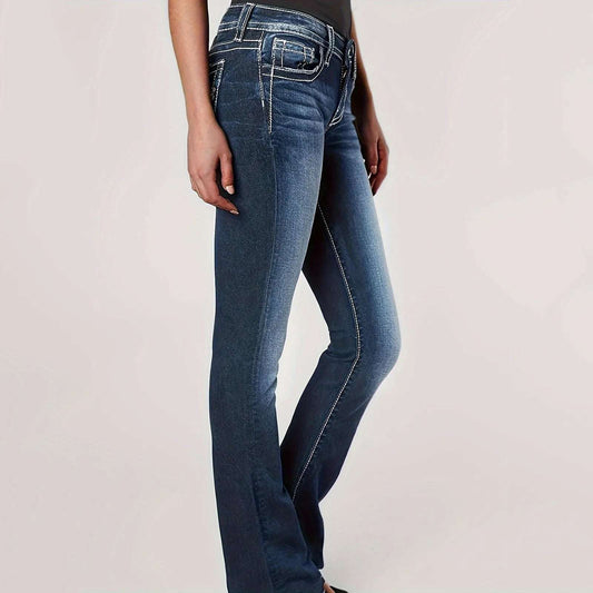 Womens Jeans Mid Waisted Straight Leg Women's Bootcut Mid Rise Insta Stretch Juniors Jeans Retro Straight Loose Denim Trousers