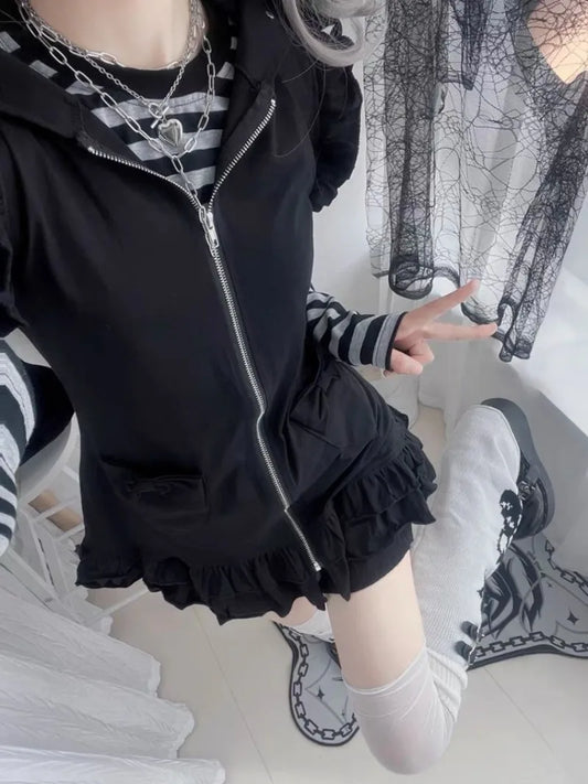 Vintage Striped Patchwork Sleeve T-shirt for Women+ Cute Cat Ear Hooded Sleeveless Jackets Early Autumn New Two Piece Sets