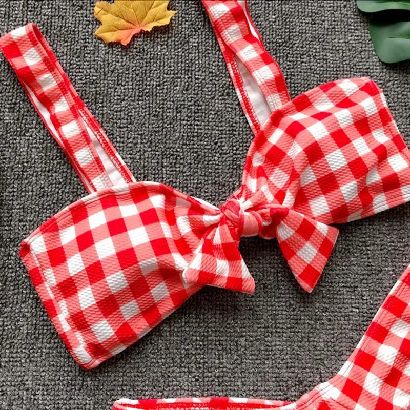 Sexy Pink Plaid Bikini Set Women Push Up Swimsuit Strap 2 Piece Set Swimwear Women Bathing Suit Halter Top Biquini Female