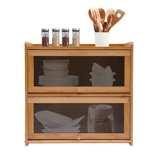 2-Tier Bamboo Storage Cabinet Large Storage Space Countertop Storage Cabinet