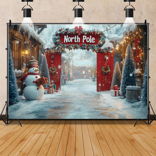 North Pole Christmas Backdrop Winter Village Town Xmas Tree Snowman Photography Background Family Xmas Eve Party Decor Banner