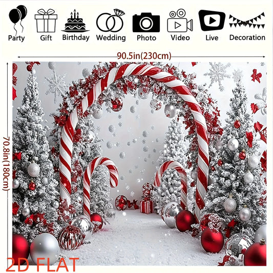 A shiny Christmas tree background cloth with candy sticks and a party banner featuring snowflake patterns
