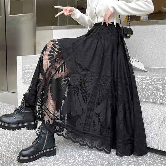 Elegant High Waist Black Big Swing Tulle Skirt Autumn Women'S Lace Mesh Long Skirt Korean Loose All Match Pleated Skirt Clothes
