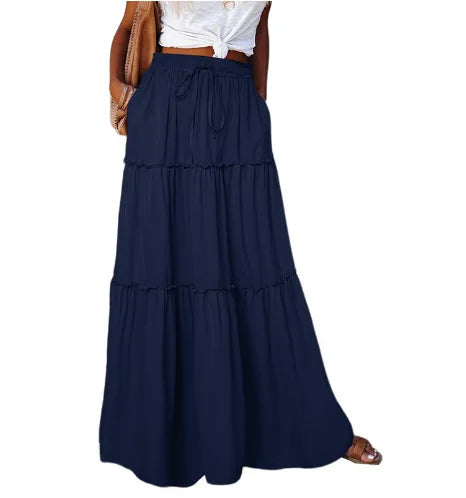 Women's Spring Autumn New Long Skirt Solid Color Fashionable Mushroom Layered Skirt High Waist Elastic Ruffle Skirt