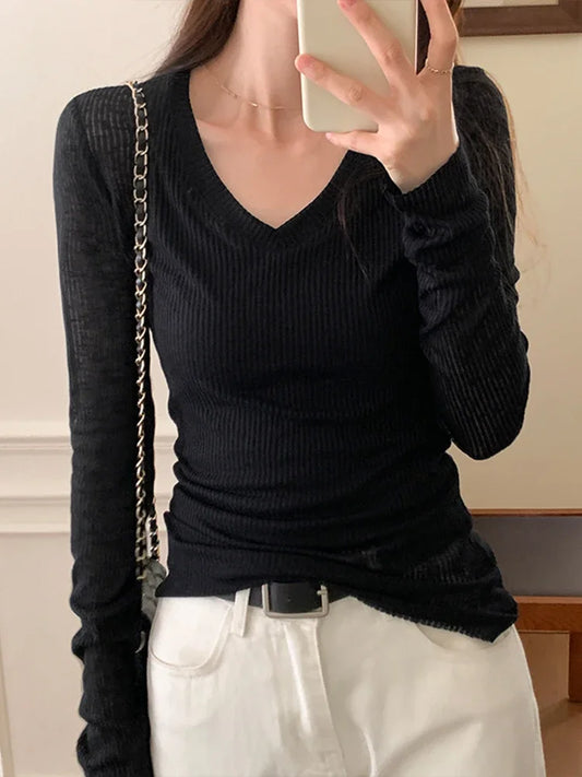 Autumn Sexy Classic V-neck Knitted Female T-shirts New Elastic Fashion Slim Simple Casual Pure Color Long Sleeves Women T-shirts