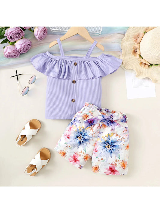2PCS Child Girl Clothes Set Shoulder Leakage Short Sleeve Top+Flower Shorts with Bow Summer Lovely Wear for Kid Girl 4-7 Years