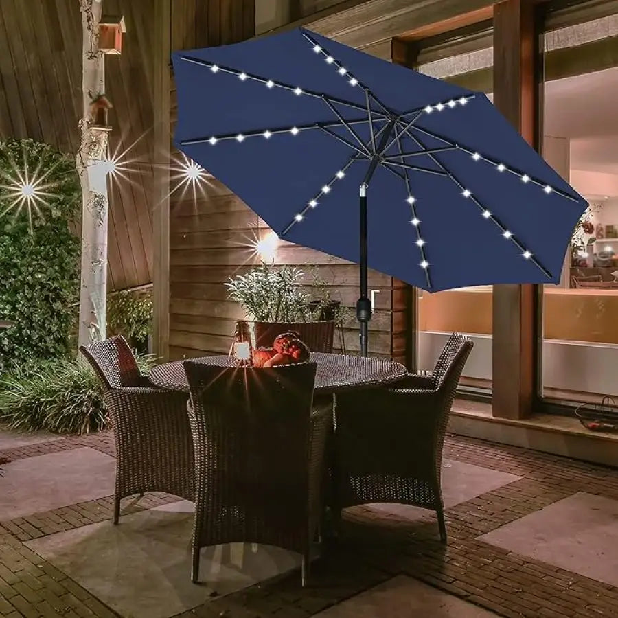 9' Solar Umbrella 32 LED Lighted Patio Umbrella Table Market Umbrella with Push Button Tilt Crank Outdoor Umbrella for Garden D