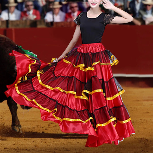 Womens Spanish Bull Dance Skirt Belly Dance Skirt Large Swing Skirt Ruffle Long Full Folkloric Mexican Skirt Flowy Dancing Dress