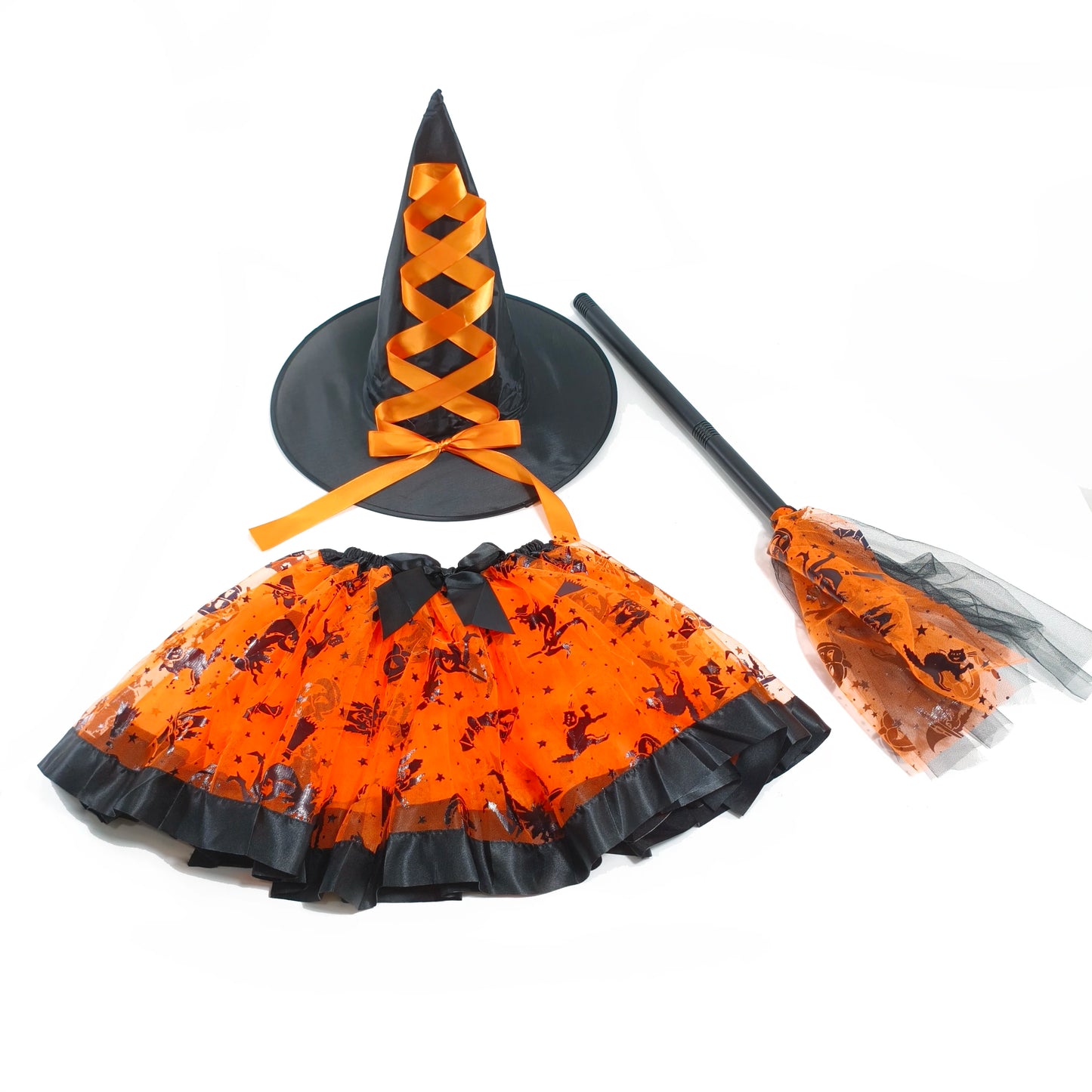 Halloween Adults Women Bat Pumpkin Witch Costume Set Tulle Skirt Hat Broom Skirt 3pcs/set,for Halloween Carnival Party Cosplay