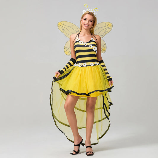 Women's Halloween Cosplay Bee Costume, Bee Queen Halloween Party Cosplay Dress, Wings, Headband, and Arm Sleeve Fancy Costume