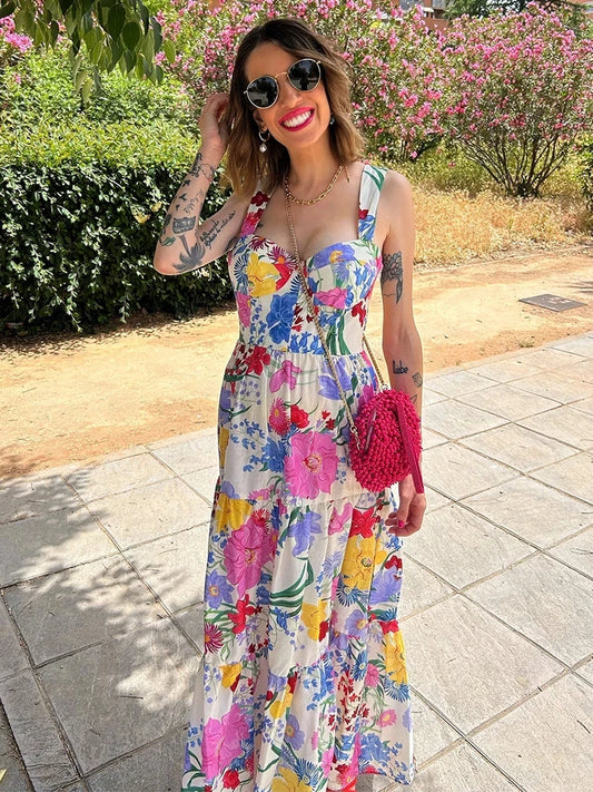 ZBZA Women's Colorful Printed Dress Square Neck Mid Rise Sleeveless Hidden Zip Camisole A-line Long Skirt New Female Chic Dress