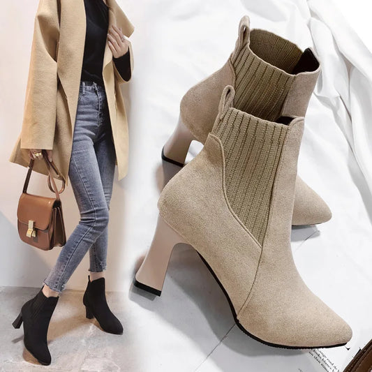 Ankle Boots Women Autumn Pointed Toe Knitted Warm Elastic Women's Shoes Shoes Casual High Heels Platform Boots Botas De Mujer