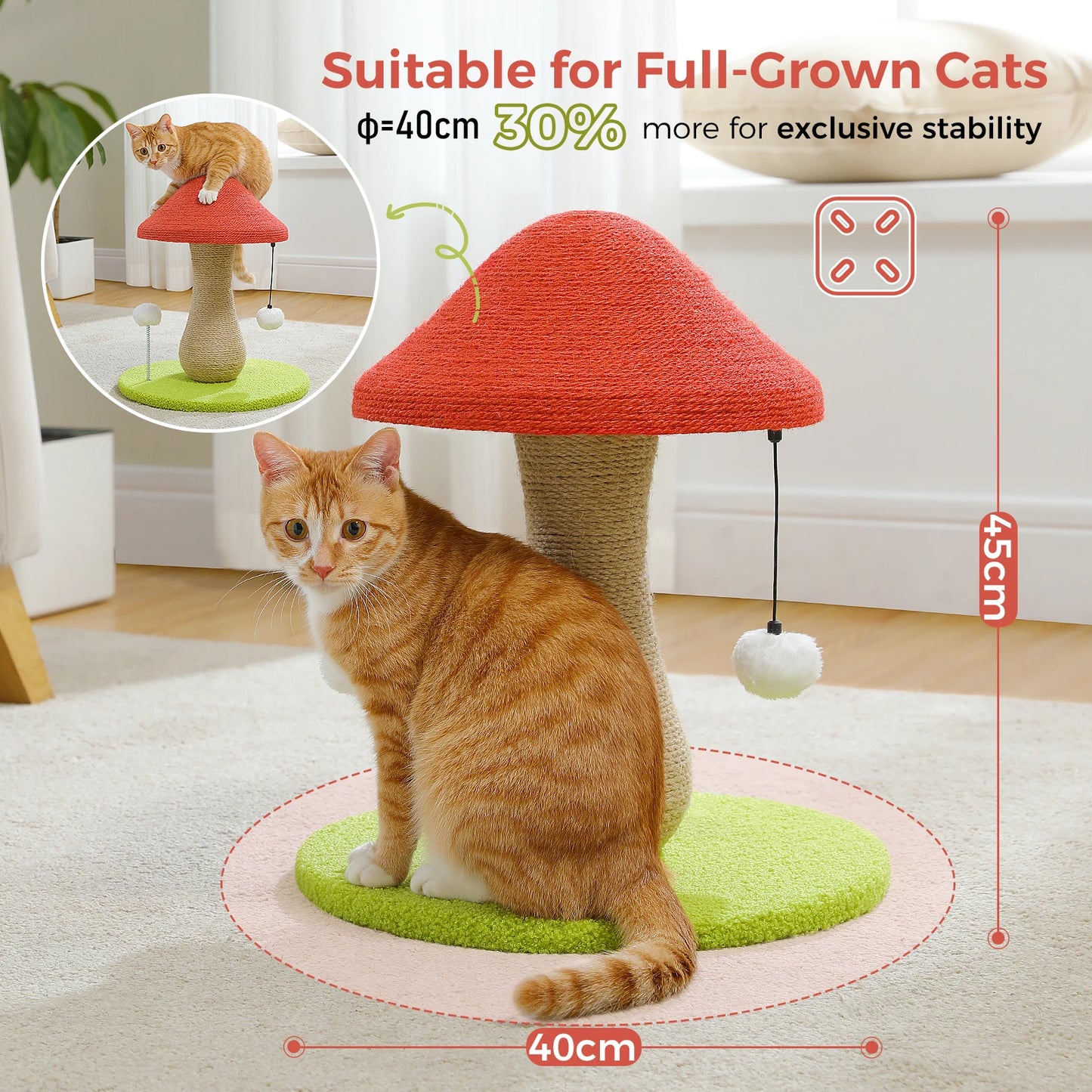 Mushroom Cat Scratching Post, Cat Scratcher Cute with 100% Sisal Covered Scratching Post & Pompoms Cat Toy, Mushroom Cat Post