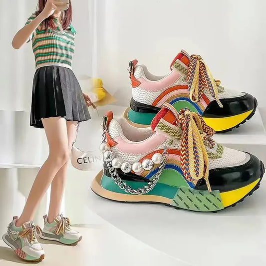 Lace Up Pearl Chain Decorative Women's Vulcanized Shoes Women's Platform Sneakers Zapatos De Mujer Women Shoes 2023