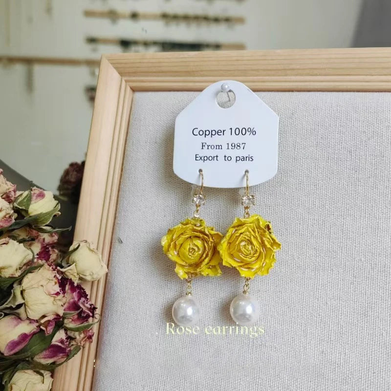 Unique Immortal Flower Earrings Elegant Natural Flower Pearl Drop Earrings Statement Jewelry Epoxy Resin Real Rose Earring 2024
