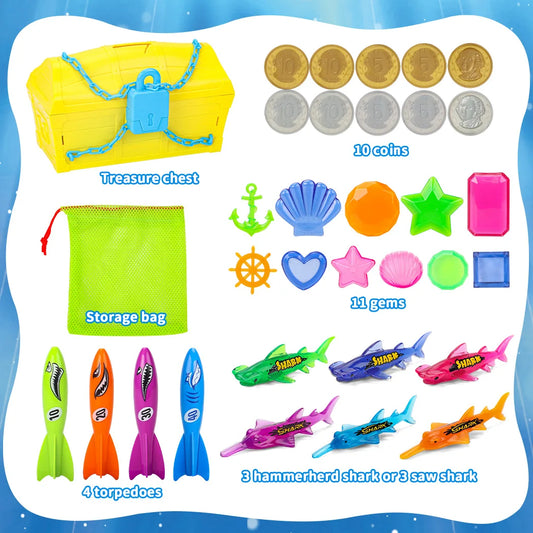 Pool Diving Treasure Chest Set includes treasure Chest, gems, gold silver coins and net bag, summer Pool Pirate diving game toys