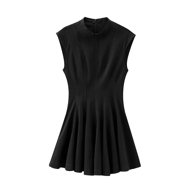 Elegant Sleeveless Pleated Mini Dress for Women Fashion High Waist Female Evening Dresses 2024 Autumn New Ladies Robe Streetwear