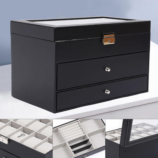 3 Layer Leather Watch Box with Glass Window for 12 Watch Eyeglasses&Sunglasses Jewelry Display Drawer Case Organizer Black