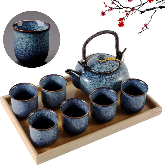 Japanese Tea Set for 6, Kiln Altered Glaze Porcelain Tea Set with 1 Teapot, 6 Tea Cups & 1 Tea Tray, Unique Chinese Tea Set
