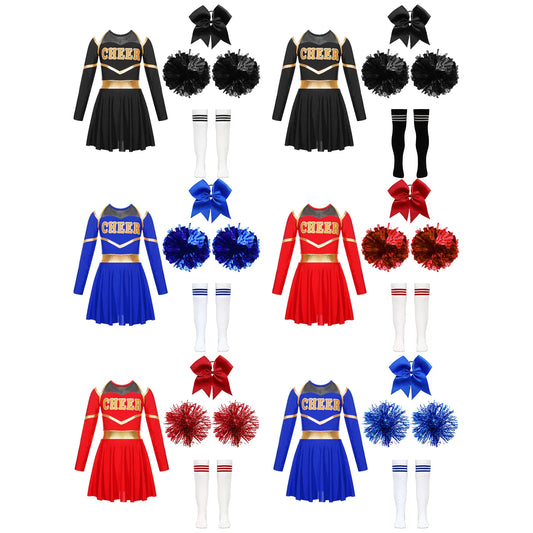 EtherealBe girls cheerleading uniform set with skirts, bows, and pom poms in various colors