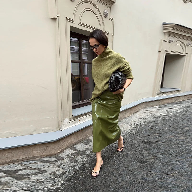 Leather Fashion Jacket Skirt Sets Women Zipper Loose Street Stand Collar Coats Straight Midi Skirts Suits 2025 Autumn Party Chic