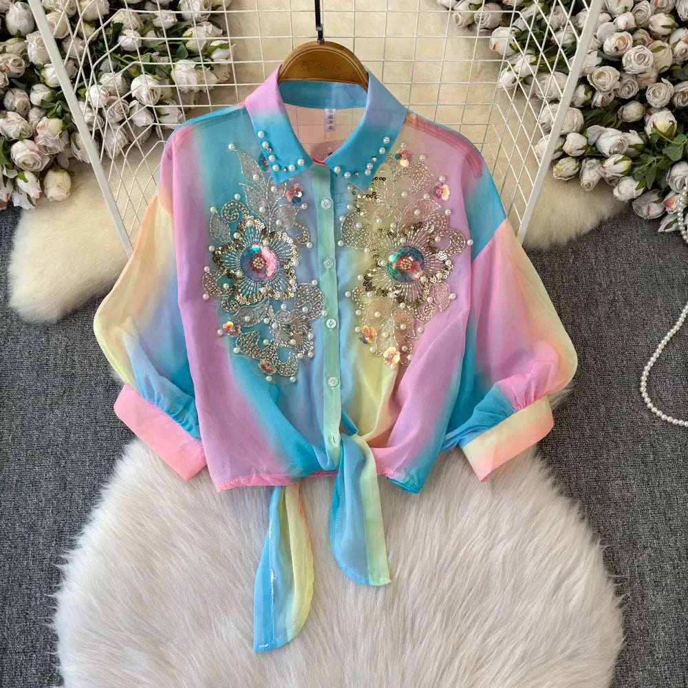 Beads Sequin Flower Blusas Mujer Rainbow Color Shirts & Blouses Lace-up Bow Camisas 2026 Spring Women Clothing Ropa