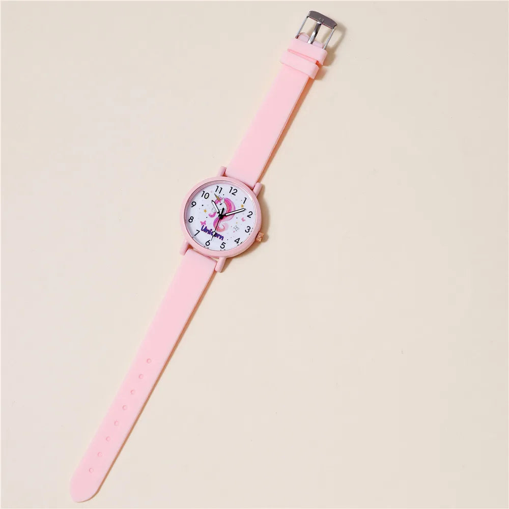 Pink Unicorns Children Watch Set For Girls Cute Horse Patterns Silicone Kid Wristwatch