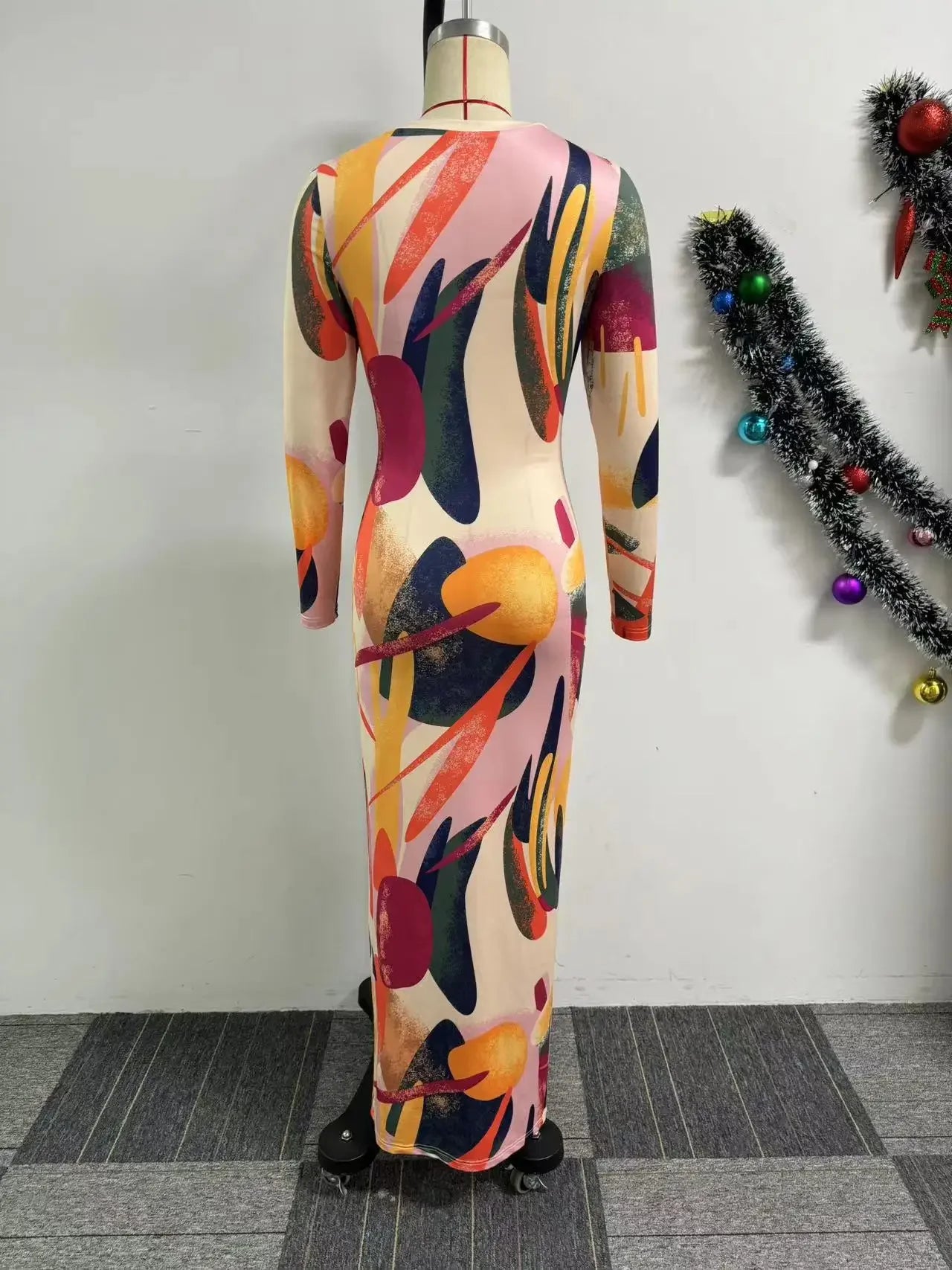 CM.YAYA Women Printed Cutout Front Long Sleeve O-neck Bodycon Midi Maxi Dress Evening Party Night Club Holiday Dresses Vestidos