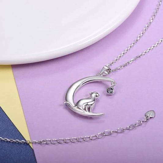 U7 Authentic 100% 925 Sterling Silver Cat Moon Necklace Meditation Women Jewelry Chain & Pendant Valentine Gift SC17