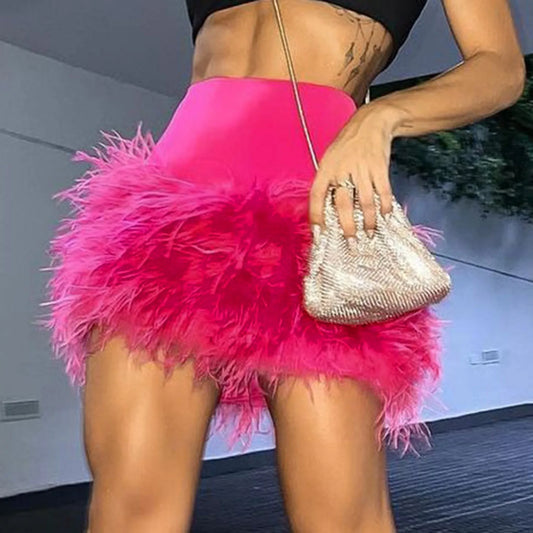 Pink Feather Spliced Skirts for Women 2024 Summer Women's Fashion Feather Tassel Short Skirt High Waist Slim Party Club Skirts