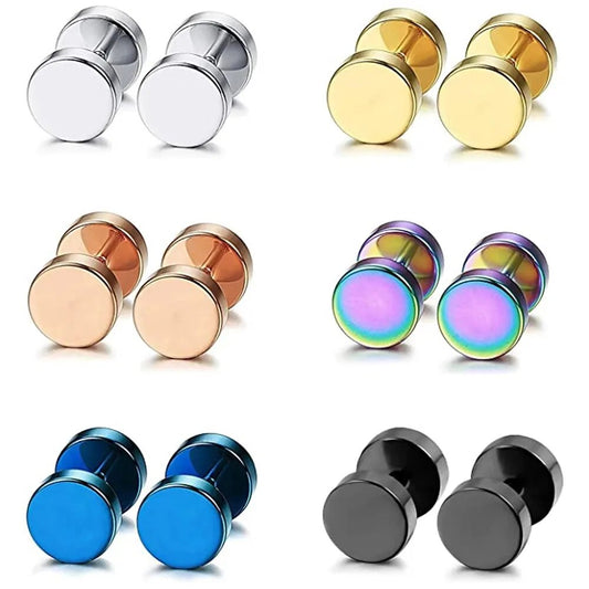 2Pcs/1Pair Gothic Stainless Steel Screw Dumbbell Stud Earrings For Women/Men Hip Hop Rock Hypoallergenic Punk Jewelry