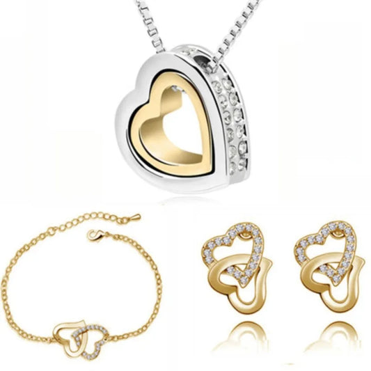 Double Heart pendant necklace earrings bracelets fashion Jewelry sets charm lover quality AAAA+ rhinestones wedding girl summer
