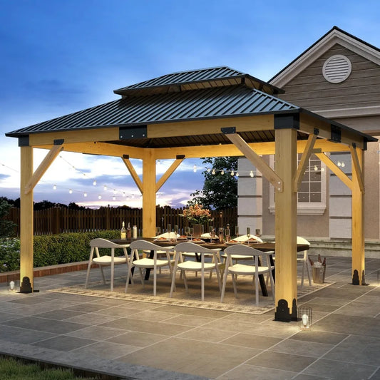 Outdoor Wooden Gazebo - Patio Galvanized Steel Gazebo with Double Vented Roof, Heavy-Duty Cedar Wooden Gazebo