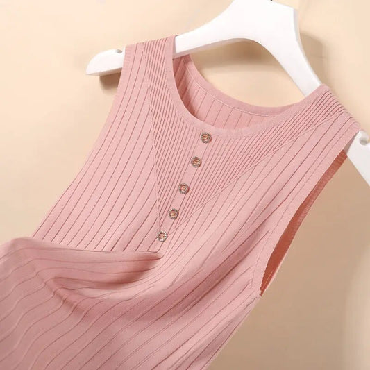 Inner Ice Silk Bottoming Tops for Women Casual Camisole for Summer Vest 2022 New O-neck Button Solid Sleeveless Knitted Tanks