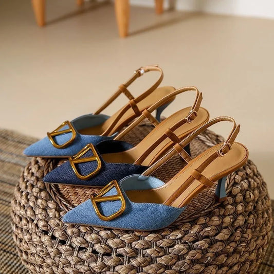EtherealBe stylish sandals for women with buckle in blue and tan colors, featuring a pointed toe and slingback design