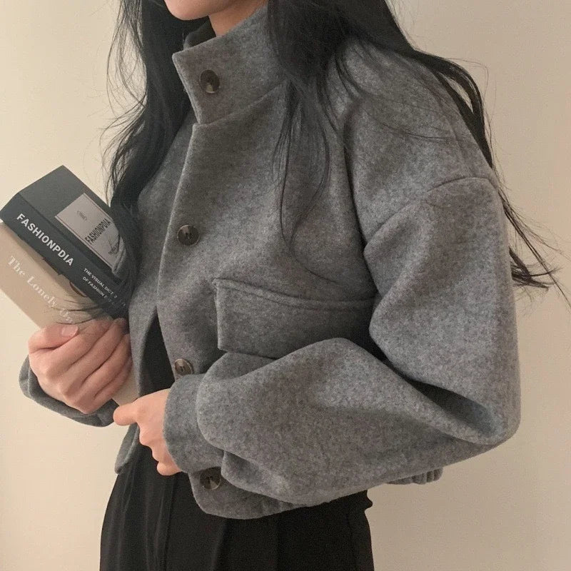 Autumn and Winter Loose Wool Coat for Women's Pocket Stand Collar Top Long Sleeve Button Hong Kong Style Wool Coat