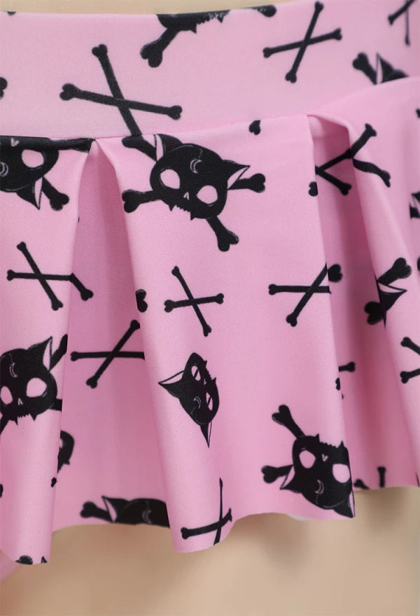 Meowcos Women Swimwear Thriller Kitten Skull Cat Print Swimsuit Heart-shaped Design Pink Skeleton Cat Two Pieces Swimsuit