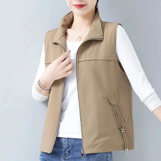 Casual Khaki Short Women's Vest Oversize Liner Sleeveless Jackets 2023 Spring Summer New Zipper Basic Waistcoat Female Outerwear
