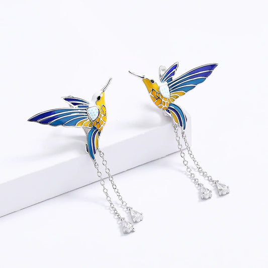 2024 New Fashion Bird Pendant Earrings Color Epoxy Tassel Long Earrings Handmade Enamel Women's Jewelry Earrings