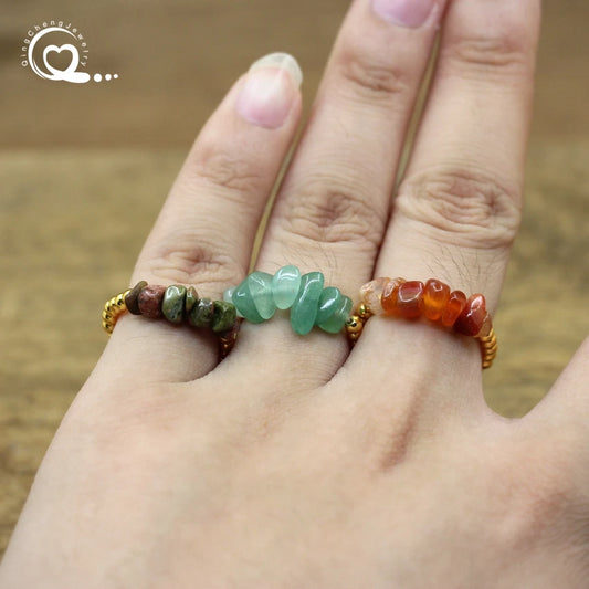 Healing Crystal Chip Stackable Rings Golds Brass Round Beads Natural Stone Gravel Stretchy Ring Fashion Women Jewelry,QC4218