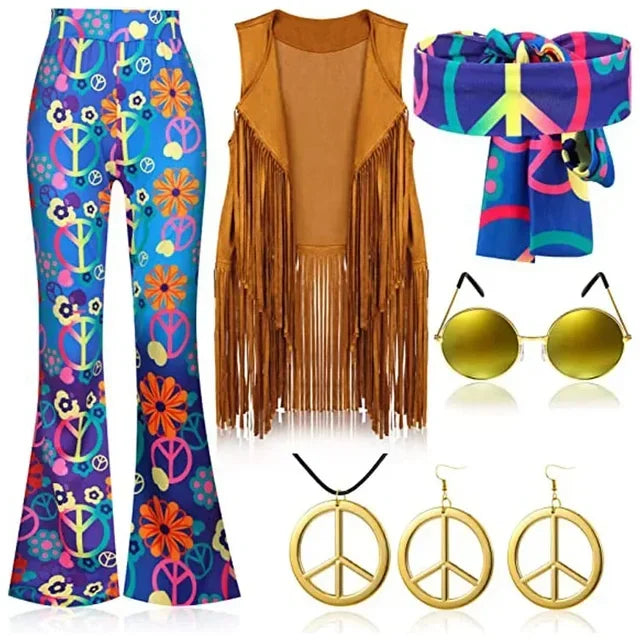 Women's hippie disco costume set with vibrant floral pants, fringe vest, accessories, and peace sign earrings