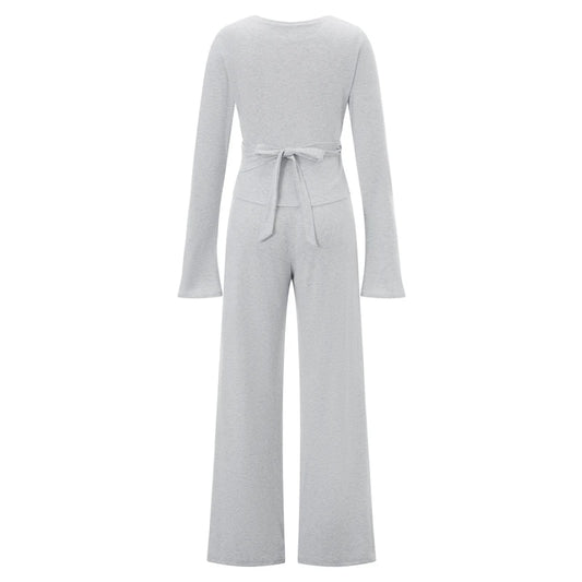 Women Fashion Lounge Set Vintage 2 Piece Outfit V Neck Waist Tie T-shirt + Elastic Waist Pants Autumn Long Sleeve Crop Tops