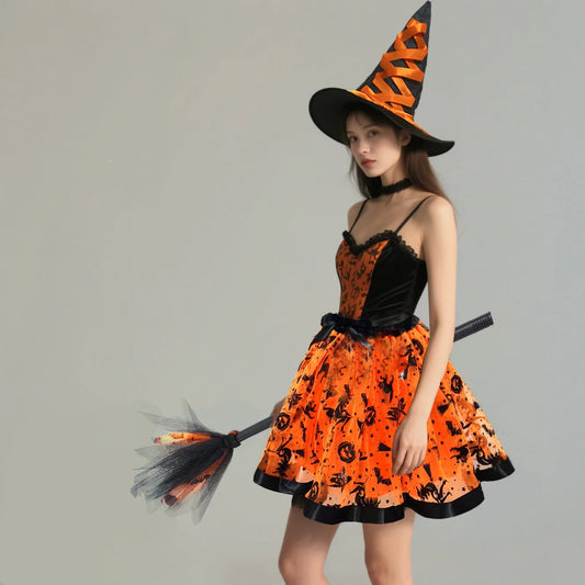Halloween Adults Women Bat Pumpkin Witch Costume Set Tulle Skirt Hat Broom Skirt 3pcs/set,for Halloween Carnival Party Cosplay