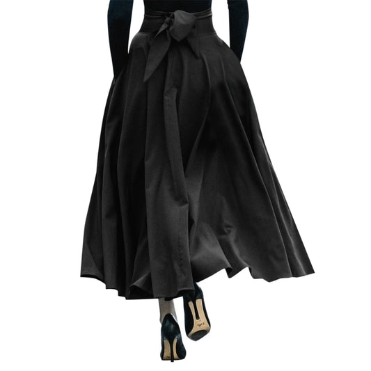Elegant Bowknot Long Skirts 2024 New High Waist Umbrella Pleated Skirts Spring Solid Ladies Female Big Swing A Line Skirt Faldas