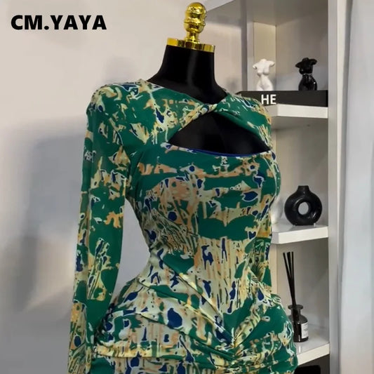 CM.YAYA Women Draped V-neck Cutout Front Ruched Stacked Bodycon Midi Long Maxi Dress 2025 Night Club Party Vestidos Sexy Dresses