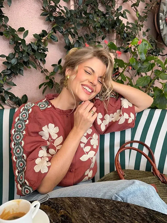 Vintage Elegant Embroidery Women's Blouse Fashion O-neck Elbow-length Puffed Sleeve Shirt 2024 Spring Lady Party Chic Streetwear